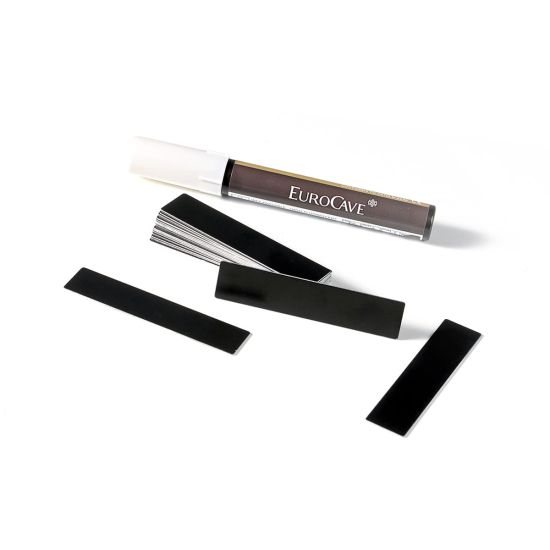 Erasable white marker pen with 20 reusable aluminium bottle identification support strips