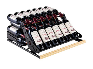Wine cooler rack that showcases bottles without compromising capacity