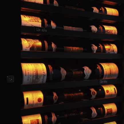 Wine cellar with lighting under each shelf to illuminate all bottles