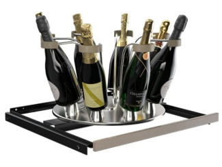 Rotating tray rack for displaying champagne bottles with a luxurious basin-style finish
