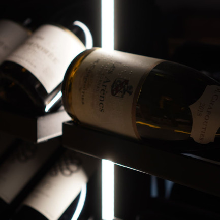 Wine storage shelves with integrated lighting (optional) and numerous possibilities for displaying bottles.