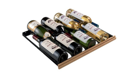 8-bottle sliding shelf with repositionable individual support for storing all shapes and sizes of bottles.