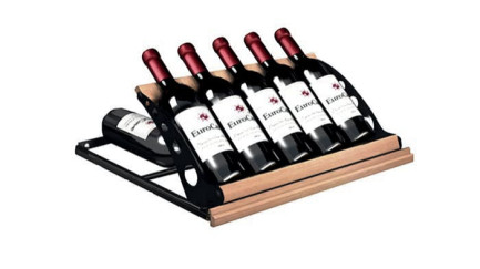 Sliding shelf for displaying wine bottles at the front and storage at the back.