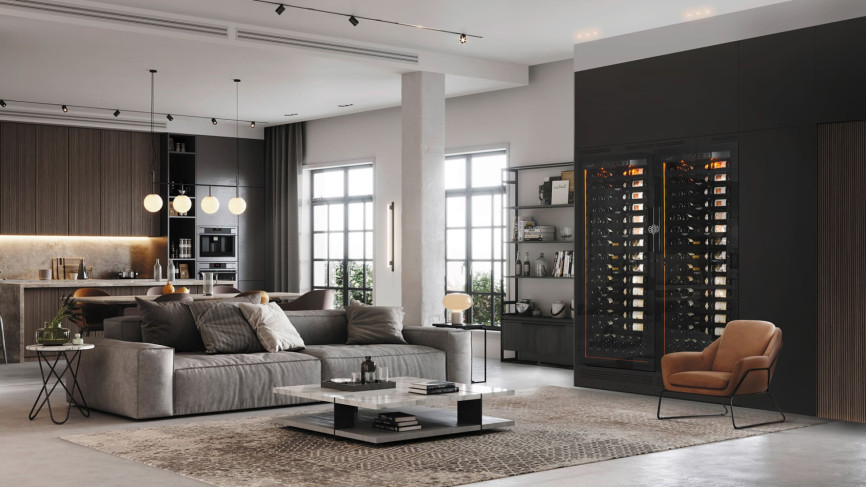 Revelation EuroCave built-in single temperature wine cellars side by side with integrated lighting, glass door, and premium equipment.