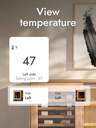 Real-time temperature monitoring of the Harmonie wine cabinet via the EuroCave Connect app for precise wine preservation.