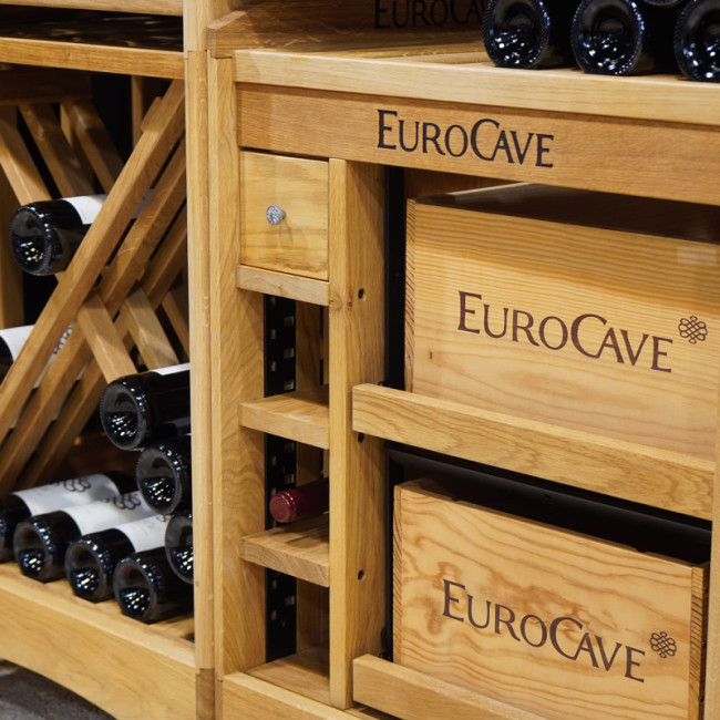 Sliding rack module for wine cellars. Storage for wine cases. High-capacity wine storage. Keep original wooden cases.