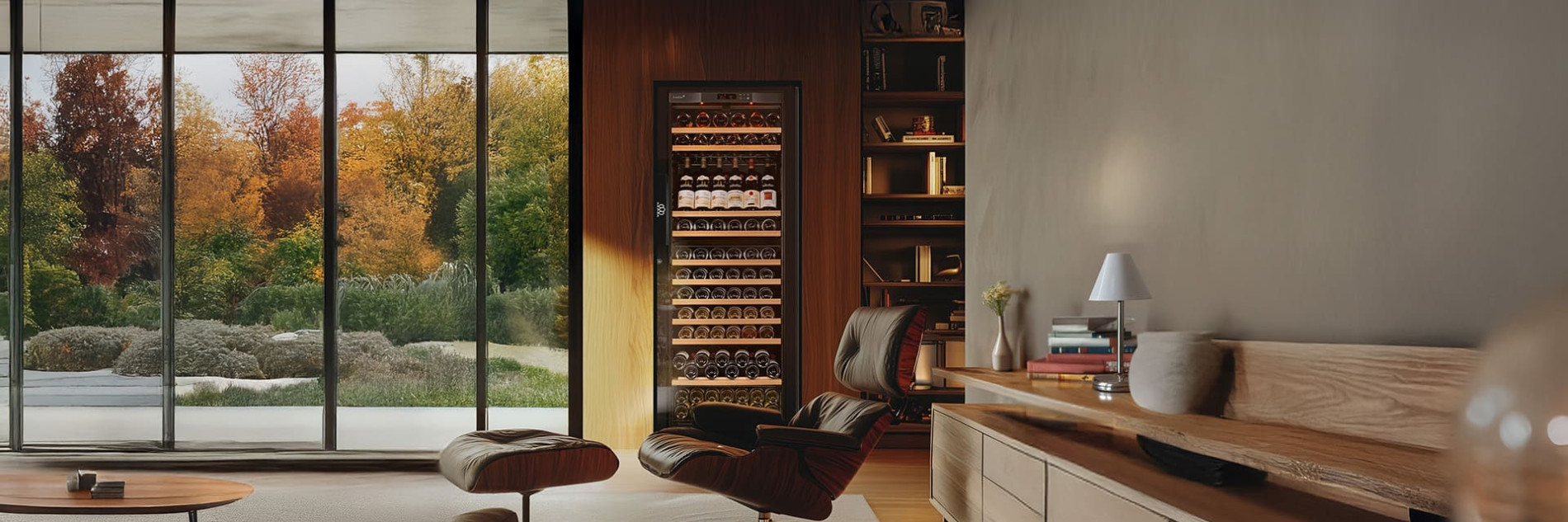 Built-in wine fridge in a living room for a large capacity of bottles kept at serving temperature. - EuroCave Pure range