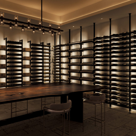 Wine tasting area created with Modulo-X suspended metal wine racks.
