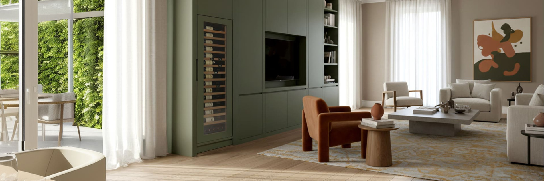 Built in wine cooler with technical glass door and integrated lighting in a custom cabinet