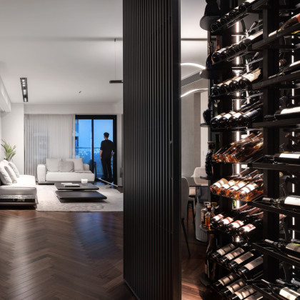 Black metal wine shelving by EuroCave for a minimalist and elegant wine room.