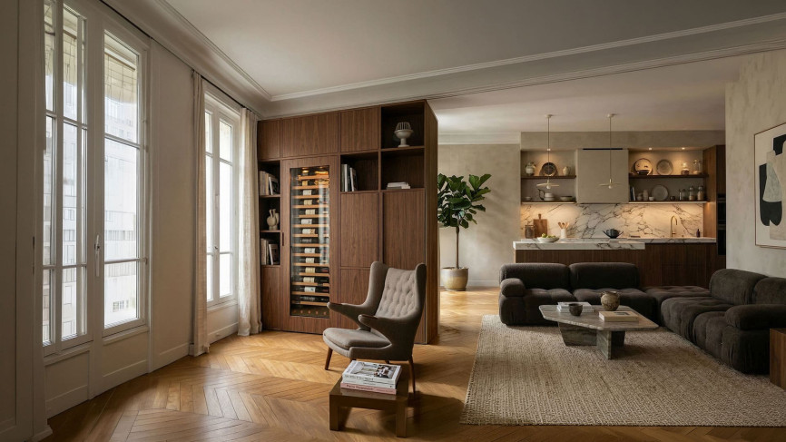 Large built-in wine fridge Inpsiraiton collection with a full glass door seamlessly integrated into walnut living room furniture